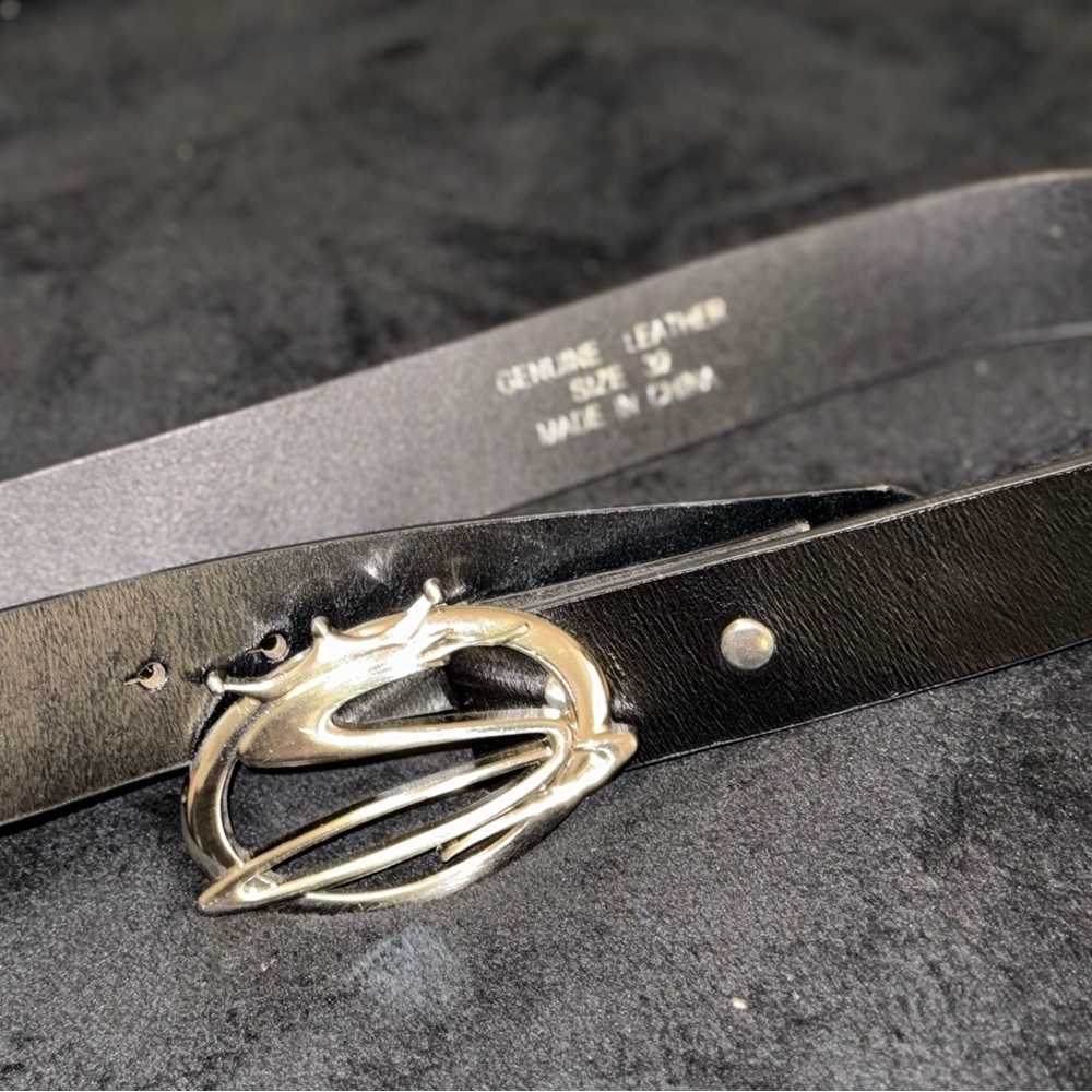 Silver Snake Buckle, Black Leather Belt for Women, Thick belt, 90s Vintage
